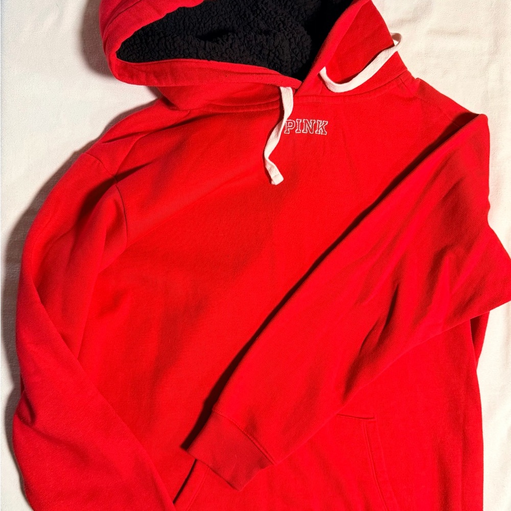 PINK BLING Red hoodie with fleece lined hood. Bling PINK sequin logo on back